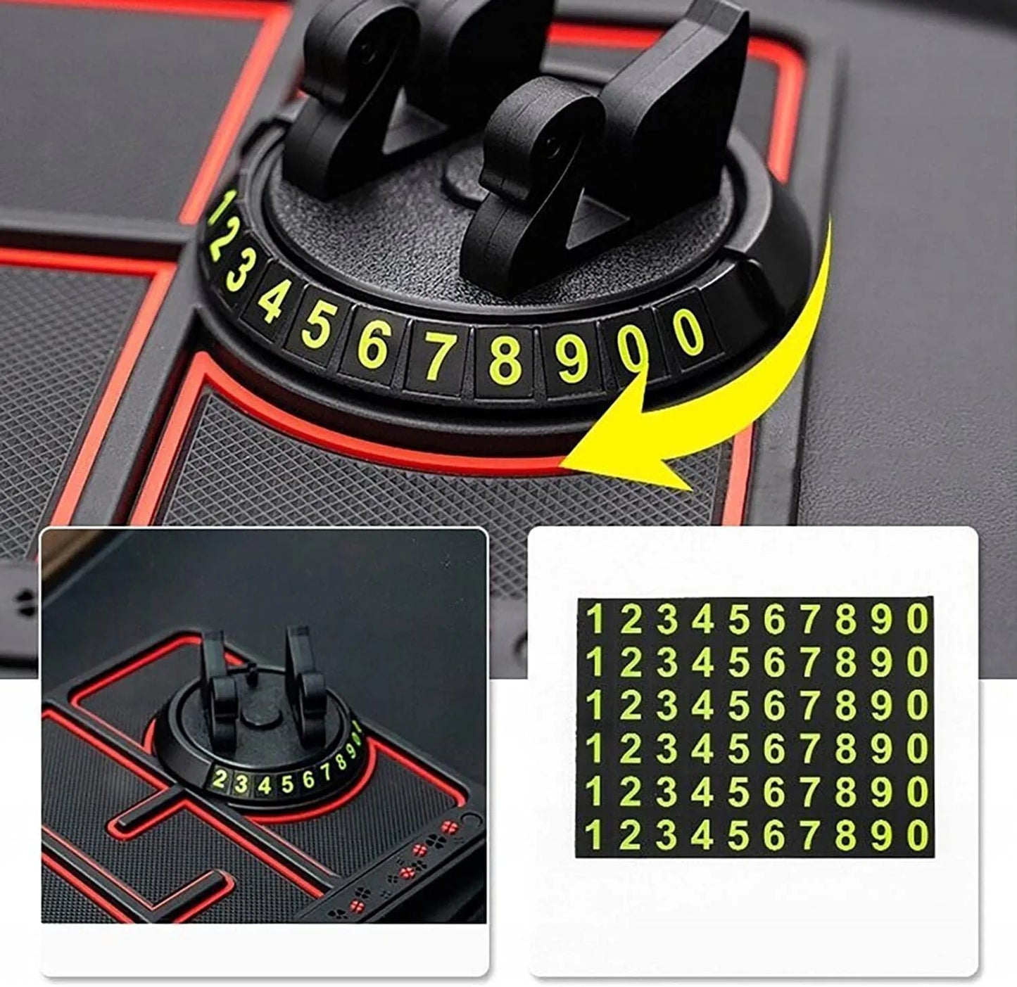 Non-Slip Phone Pad for 4-In-1 Car, Multifunctional Dashboard Anti-Slip Rubber Pad Mat，Universal 360°Rotation Car Phone Holder，With Replaceable Temporary Parking Card Number Plate and Aromatherapy