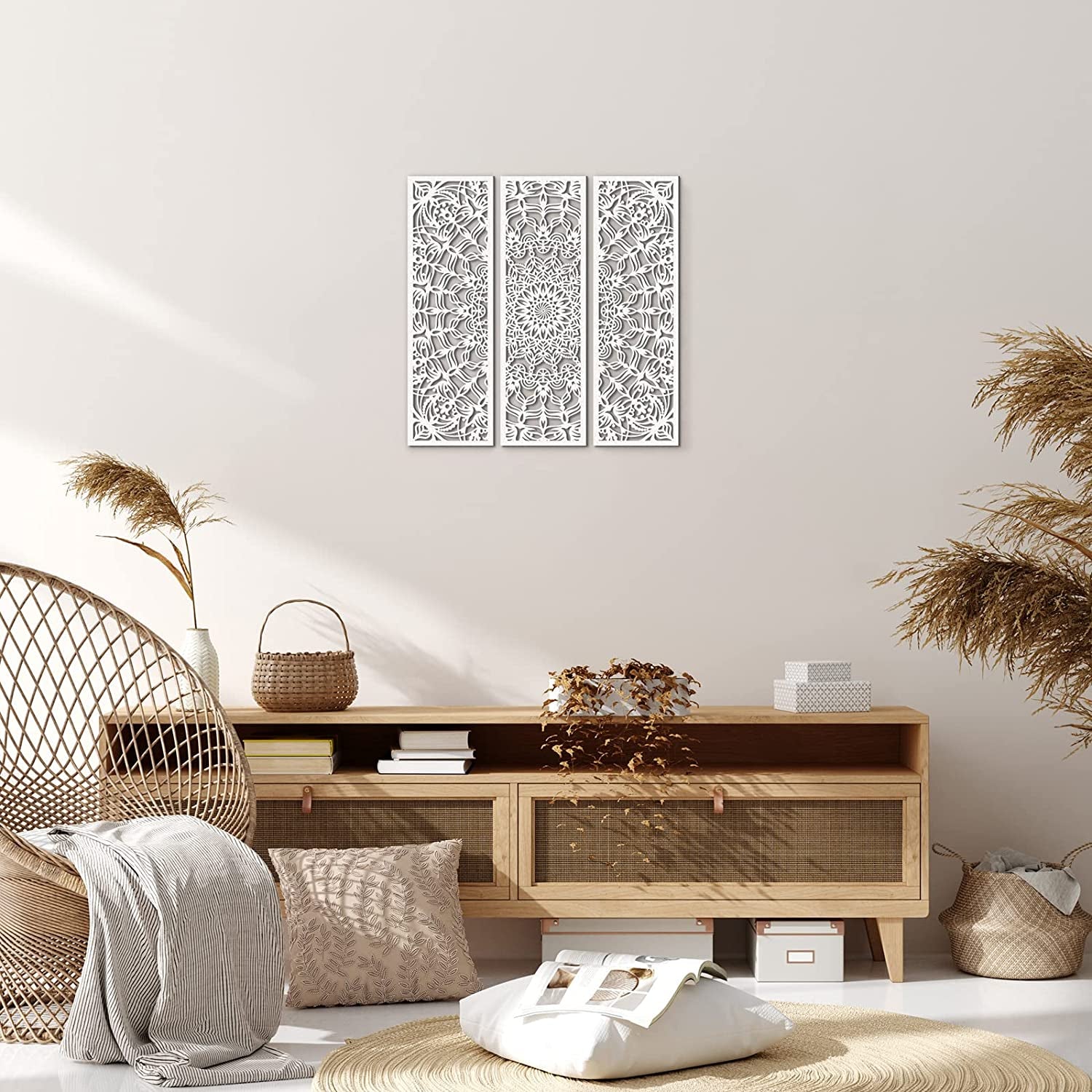 Set of 3 Lightweight Mandala Wall Art White Carved Wood Hanging Wall Decor Modern Cutout Wooden Plaque Floral Aesthetic Wood Decor with Hook for Home Bedroom Kitchen Cafe Office, 15.75 X 5.12 Inch