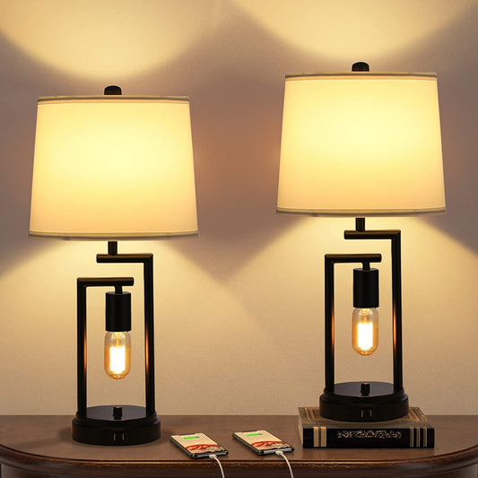 Table Lamps for Bedroom Set of 2,  3-Way Brightness Bedside Lamps with Dual USB Charging Ports, 22.6'' White Fabric Shade Farmhouse Nightstand Lamps for Bedroom, Living Room (LED Bulbs Included)
