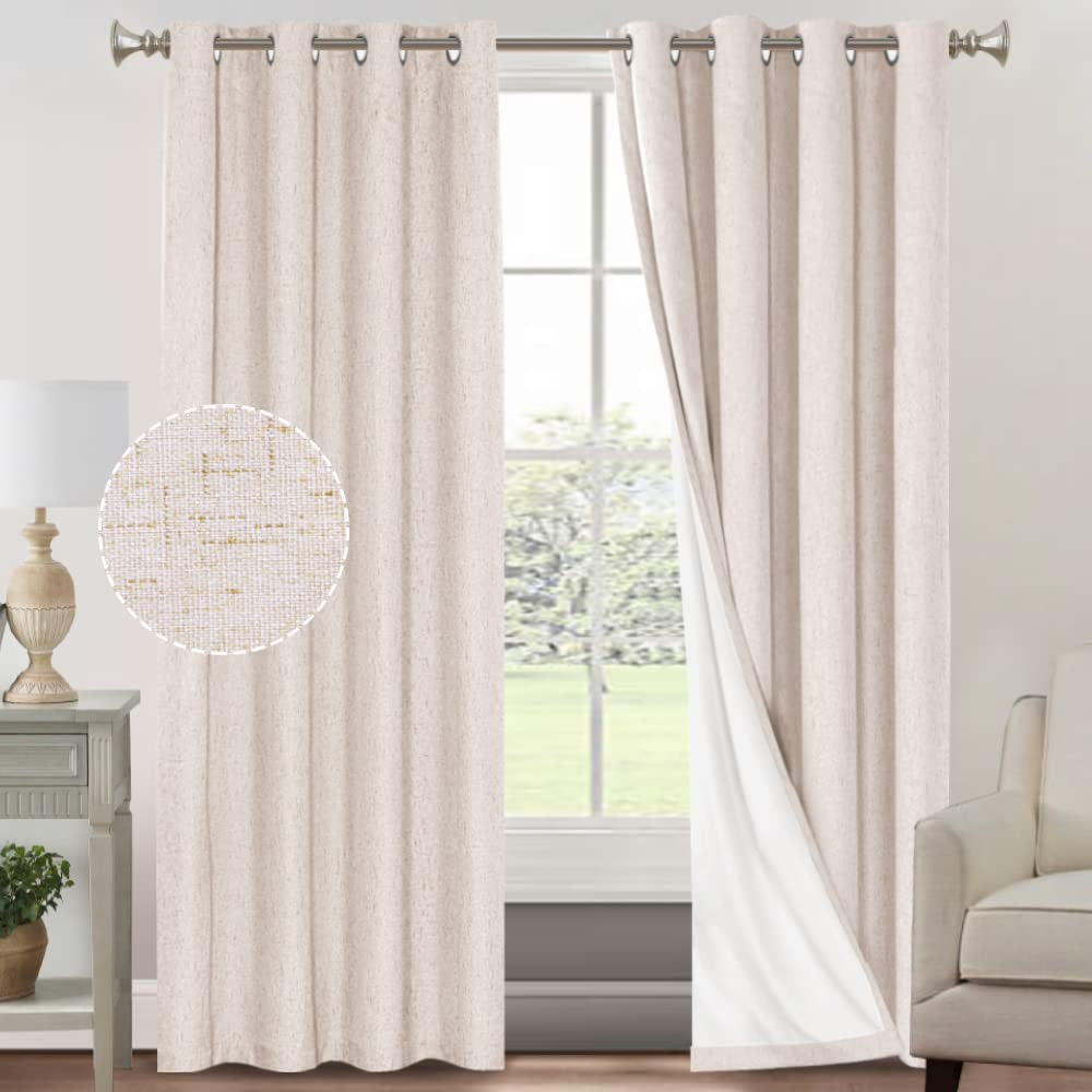 Primitive Textured Linen 100% Blackout Curtains for Bedroom/Living Room Energy Saving Window Treatment Curtain Drapes, Burlap Fabric with White Thermal Insulated Liner (2 Panels, 52 X 84 In, Natural)
