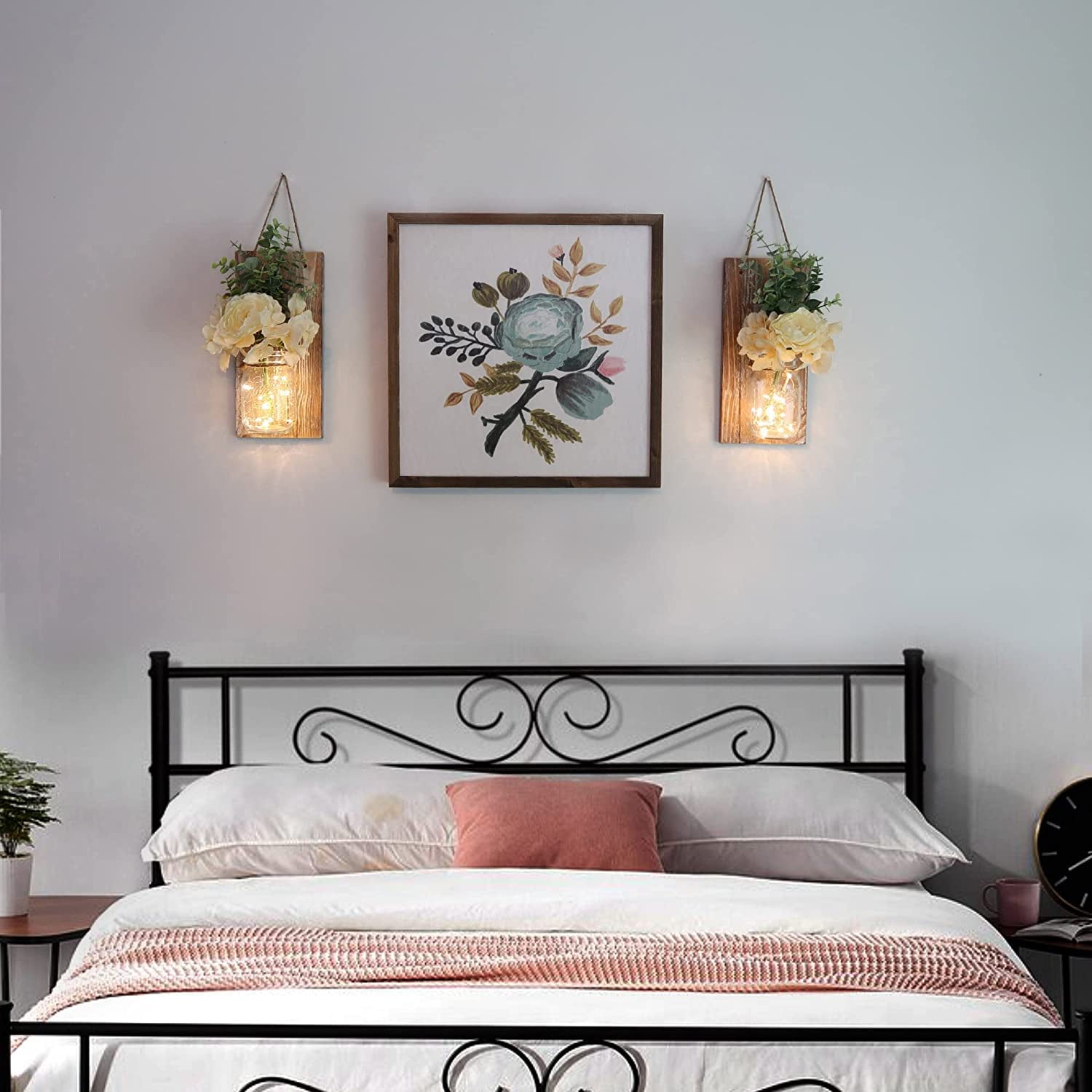 Wall Sconces Set of 2 with Remote Farmhouse Wood Wall Art Decor for Home Living Room Bedroom Decorations with Rose Bouquet Flowers and LED Fairy Lights (Large Brown)