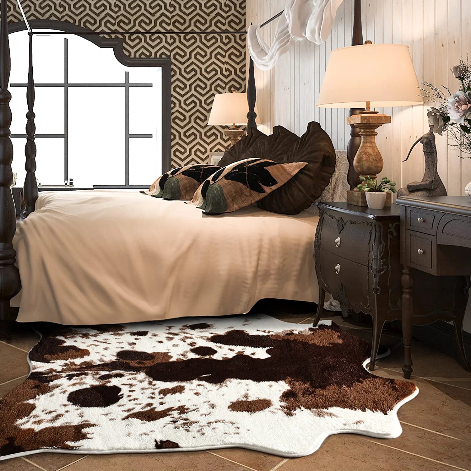 Cow Print Area Rugs Cowhide Rugs 4.6Ft X5.2Ft for Living Room Bedroom Western Decor, Cute Fluffy Cowhide Carpet Faux Fur Rug, Soft Fuzzy Rug for Home, Brown and White,(140*158Cm)