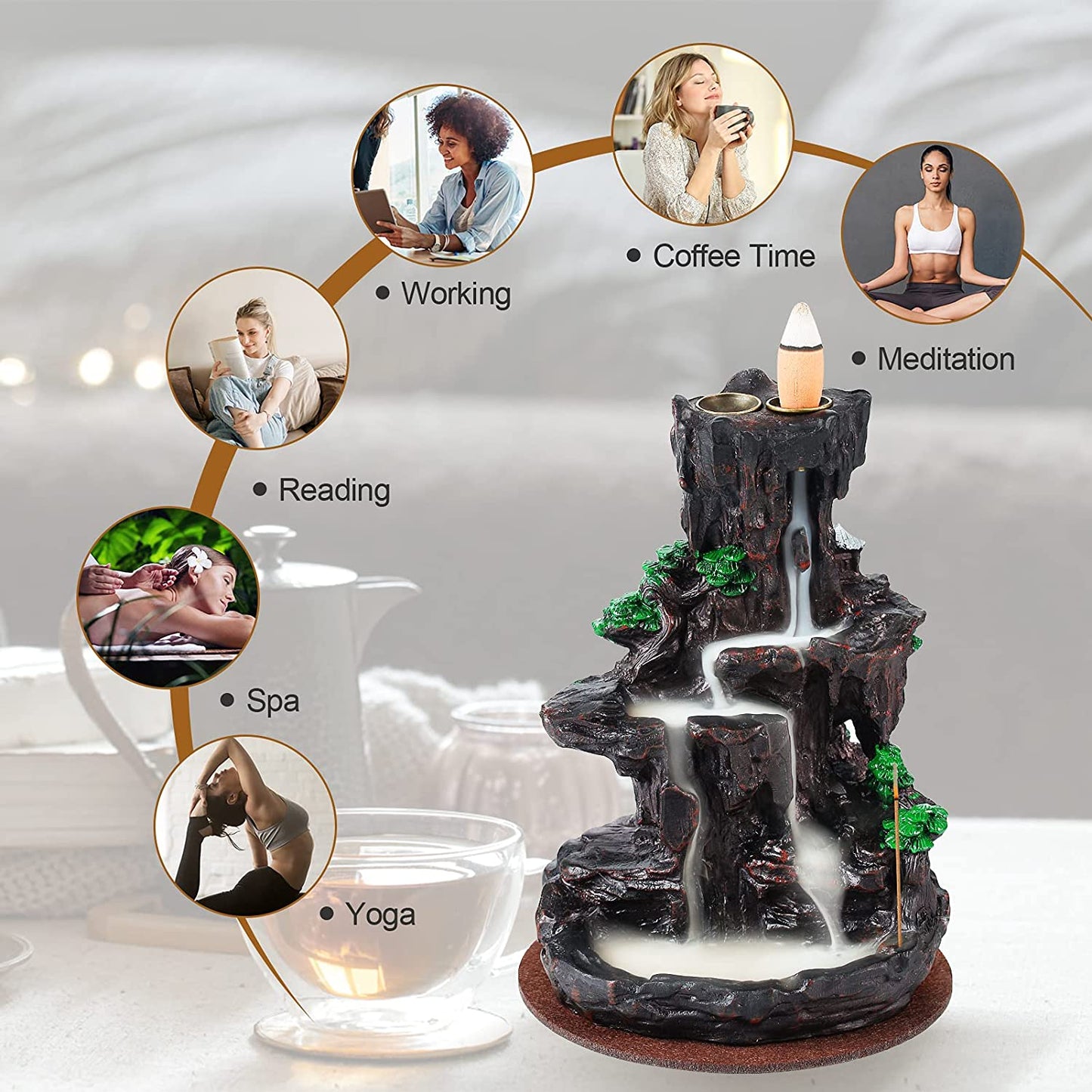 Incense Burner, Backflow Incense Holder Waterfall 2 Sides, with 120 Backflow Incense Cones, 30 Incense Sticks, Aromatcherapy Ornamen