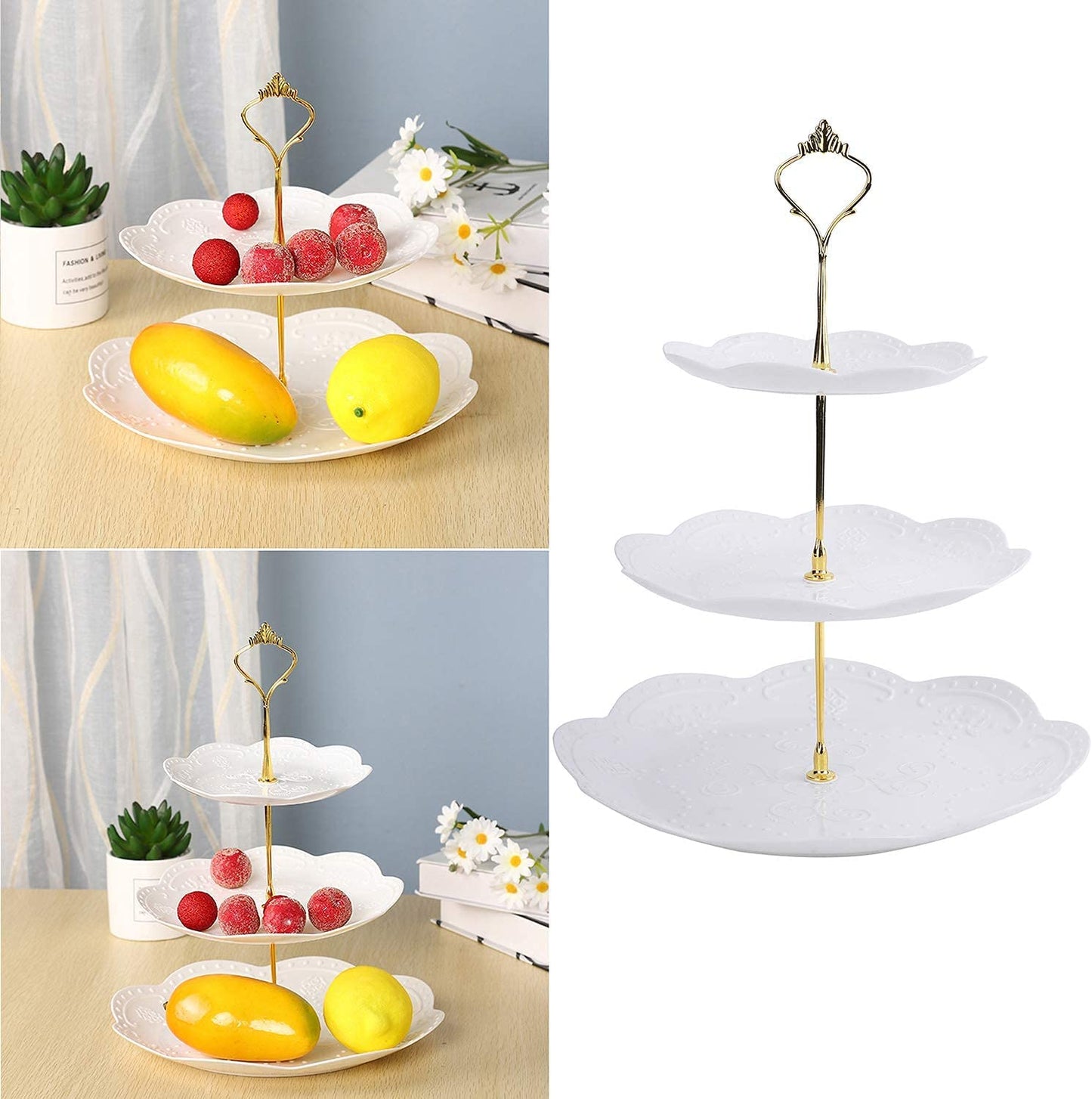 3 Pack 3 Tiers White Plastic Cupcake Stand Dessert Stand Tiered Serving Trays with Gold Rod - Round, Square, Flower