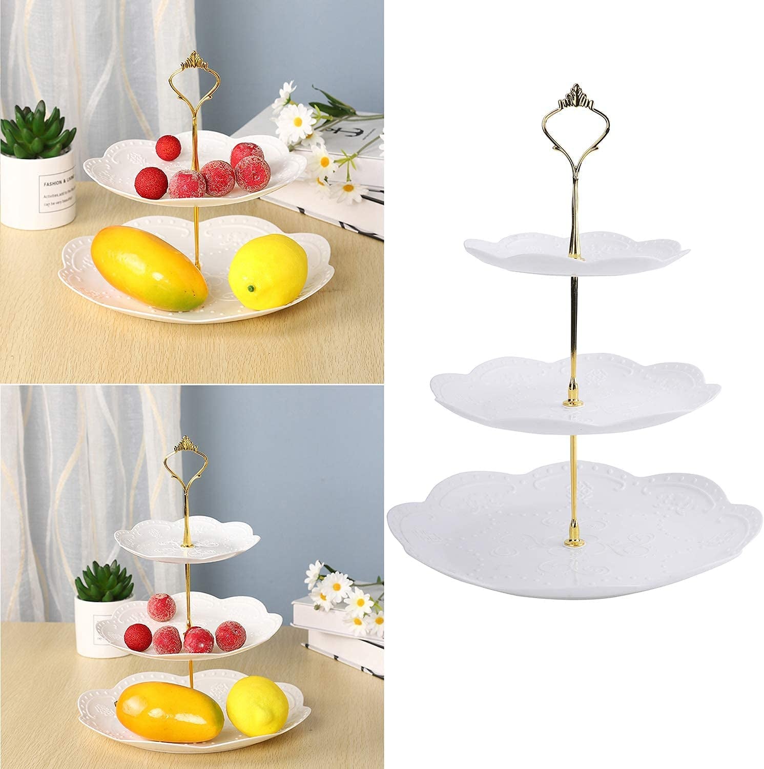 3 Pack 3 Tiers White Plastic Cupcake Stand Dessert Stand Tiered Serving Trays with Gold Rod - Round, Square, Flower