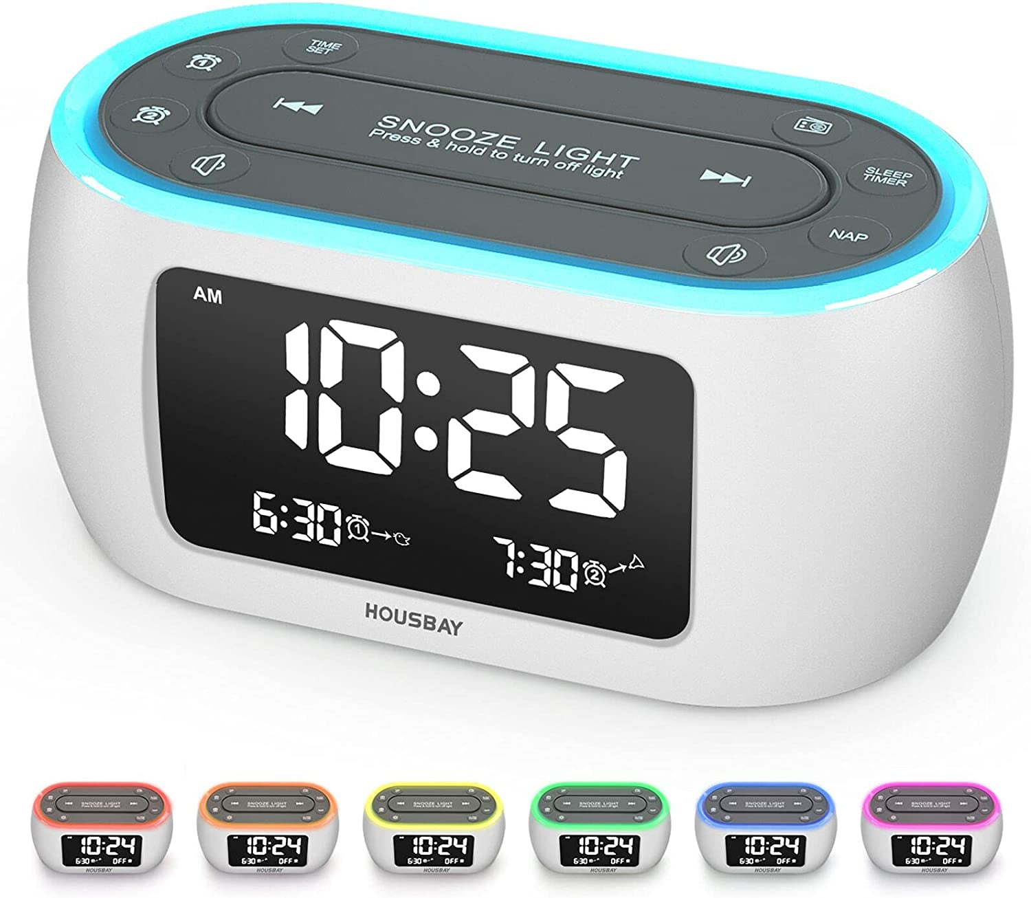 Glow Small Alarm Clock Radio for Bedrooms with 7 Color Night Light, Dual Alarm, Dimmer, USB Charger, Battery Backup, Nap Timer, FM Radio with Auto-Off Timer for Bedside（White）