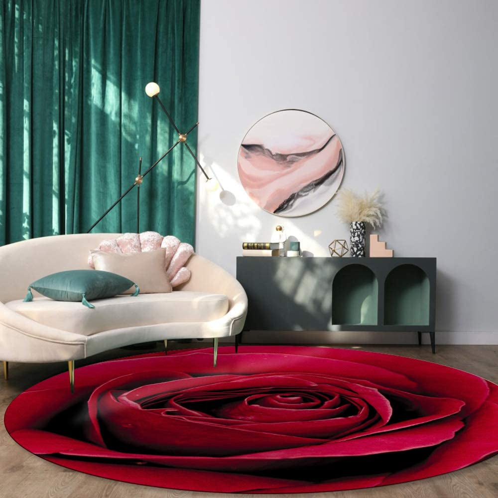 Area Rug 3.3Ft Round, Red Rose Flower Plant Kitchen Rugs Non Skid Area Indoor Floor Mat for Living Room, Bedroom