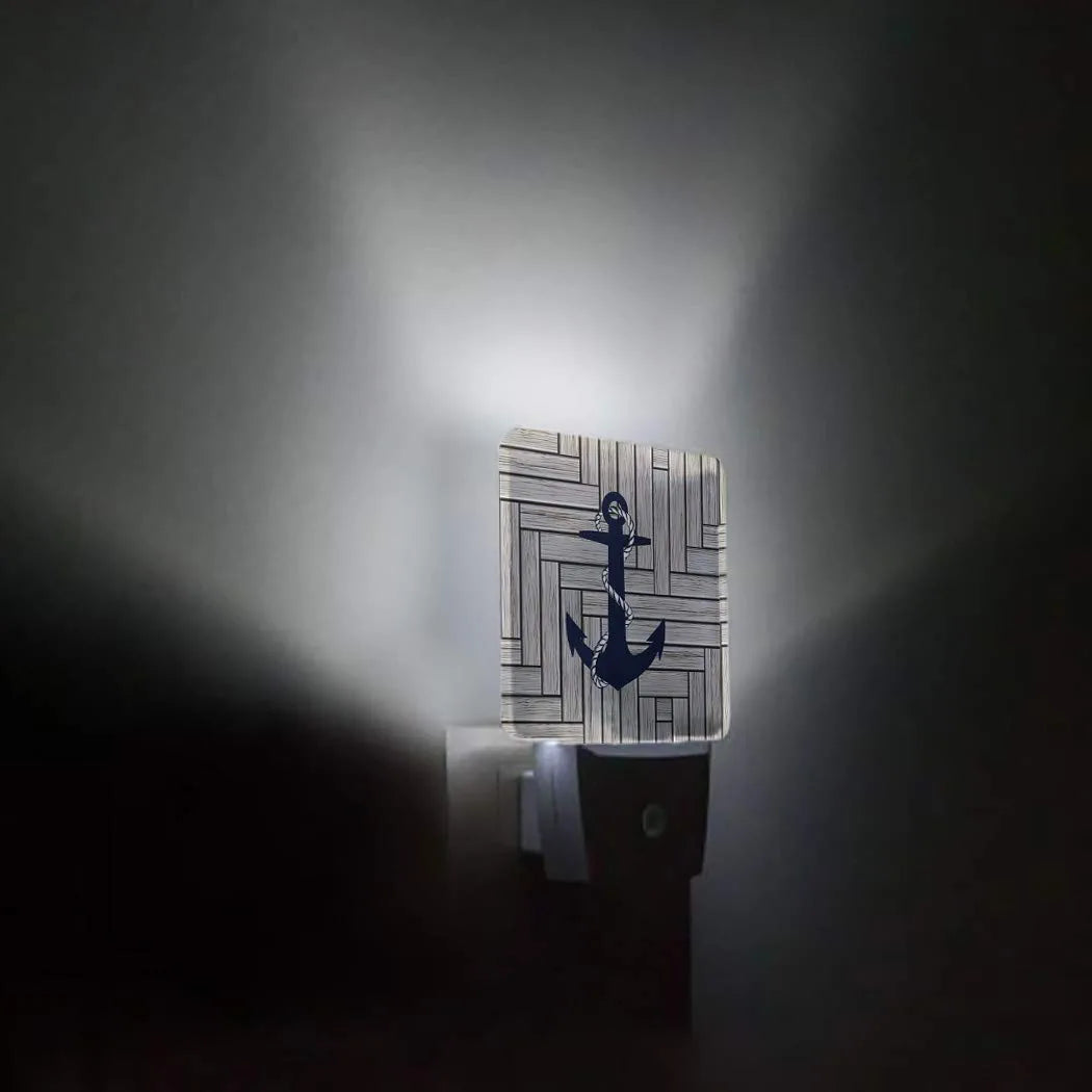 LED Plug-In Night Light Auto Dusk to Dawn Sensor Decor Nautical Navy Blue Anchor Lamp for Bedroom,Bathroom,Kitchen,Hallway,Stairs,Hallway Retro Wooden Texture