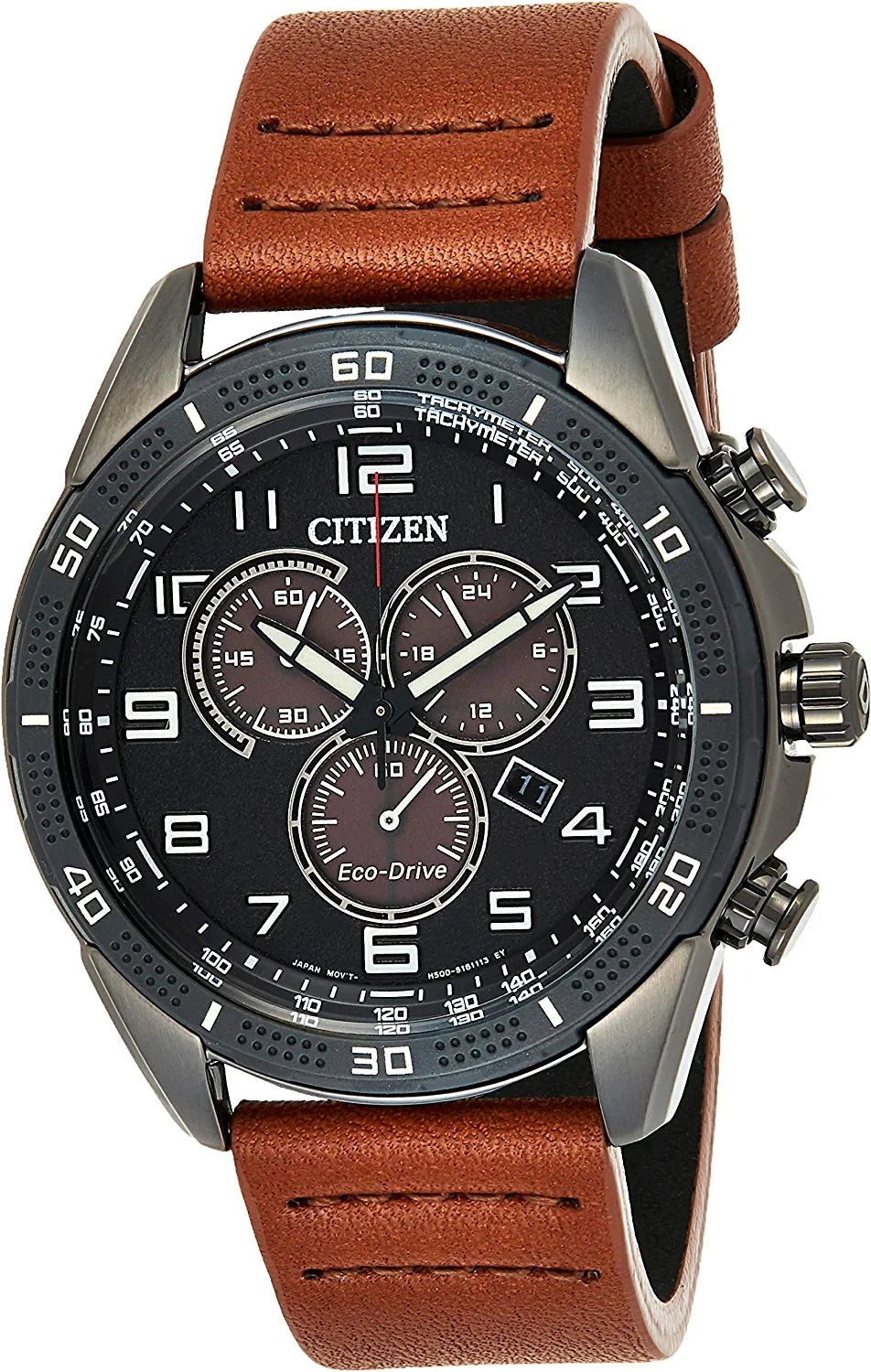 Men'S Eco-Drive Weekender Chronograph Watch in Black IP Stainless Steel with Brown Leather Strap, Black Dial (Model: AT2447-01E)