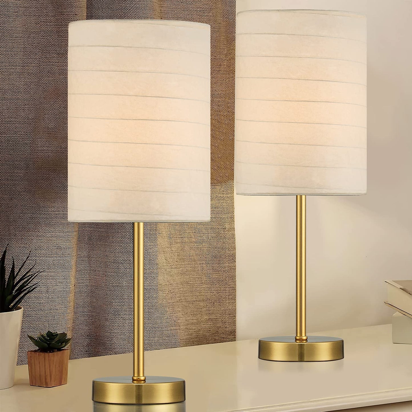 PORTRES 18.75'' Traditonal Accent Table Lamp Set of 2 for Bedroom Desk Lamps for Living Room Kids Room Study Room Office Rustic Decor Nightstand Rice Paper Lamps (Gold)