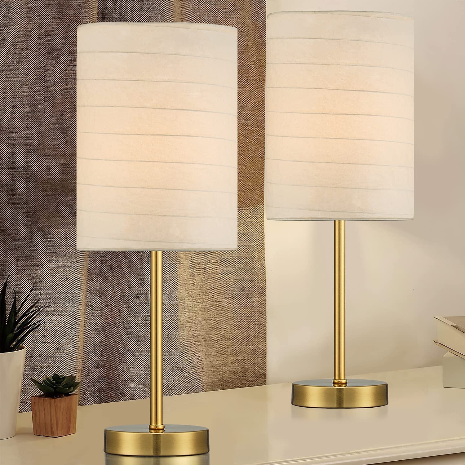 PORTRES 18.75'' Traditonal Accent Table Lamp Set of 2 for Bedroom Desk Lamps for Living Room Kids Room Study Room Office Rustic Decor Nightstand Rice Paper Lamps (Gold)