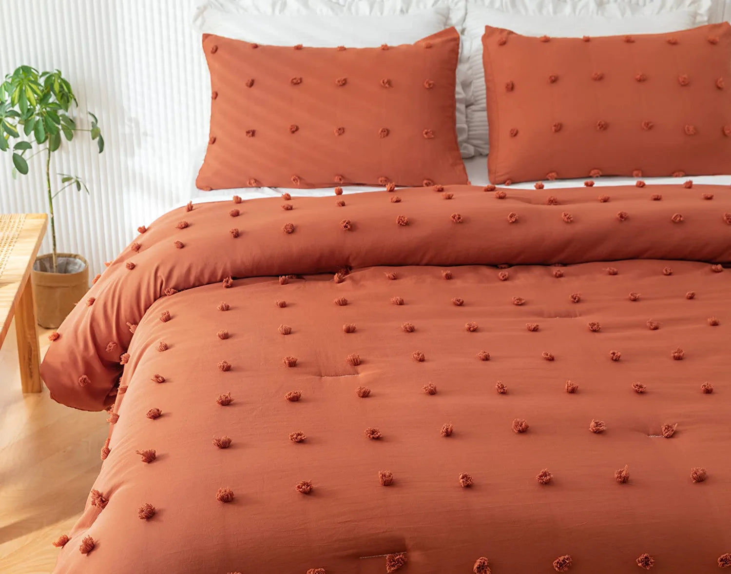 Terracotta Comforter Queen Comforter Set Burnt Orange Comforter Boho Comforter Tufted Pom Pom Ultra Soft Bed Set with 2 Pillow Cases All Season