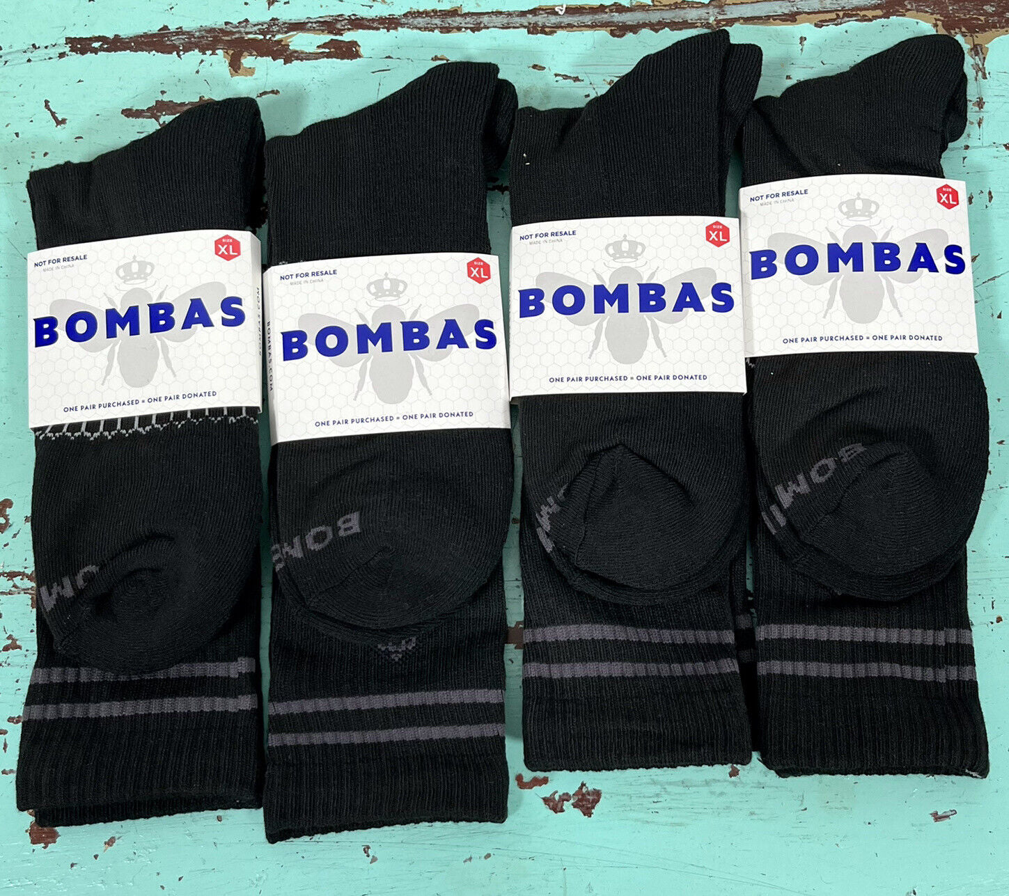 BOMBAS Men'S Crew Socks Size XL Black Lot of 4 Pairs Honeycomb Size 13+ NWT