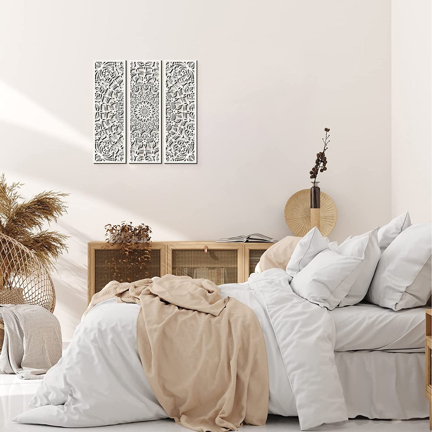 Set of 3 Lightweight Mandala Wall Art White Carved Wood Hanging Wall Decor Modern Cutout Wooden Plaque Floral Aesthetic Wood Decor with Hook for Home Bedroom Kitchen Cafe Office, 15.75 X 5.12 Inch