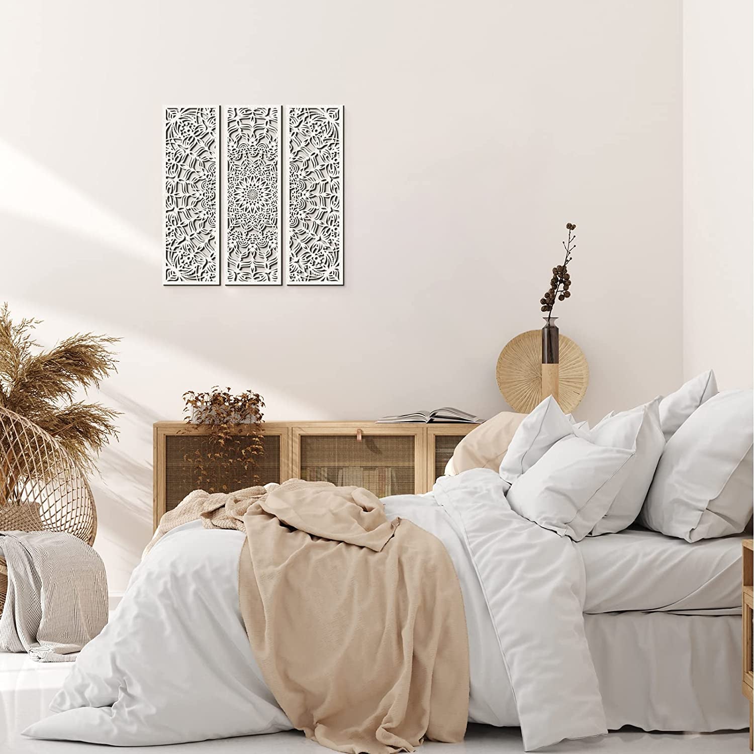 Set of 3 Lightweight Mandala Wall Art White Carved Wood Hanging Wall Decor Modern Cutout Wooden Plaque Floral Aesthetic Wood Decor with Hook for Home Bedroom Kitchen Cafe Office, 15.75 X 5.12 Inch