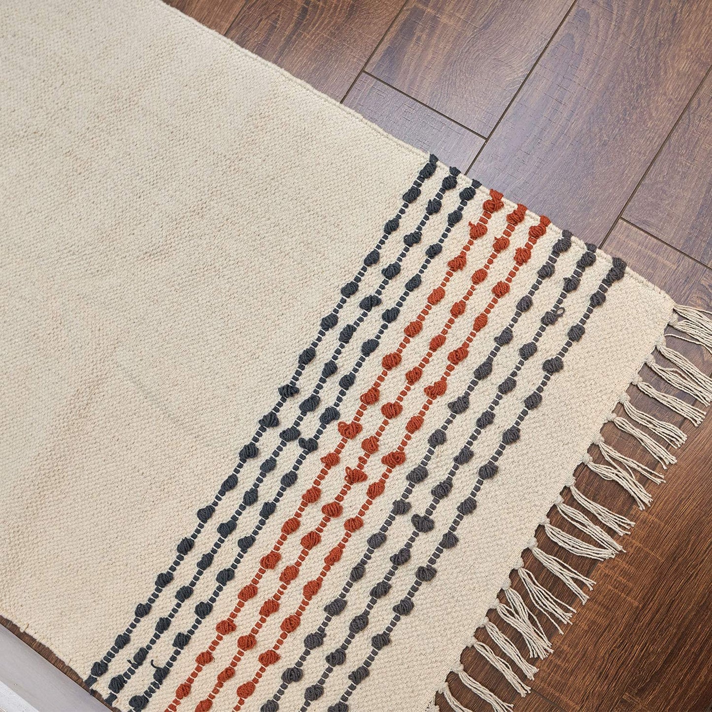MOTINI Hand Woven Cotton Runner Rug 2' X 6', Knotted Bohemian Accent Throw Rug with Tassels, Natural Color Textured Runner Rug for Bedroom,Living Room,Laundry Room