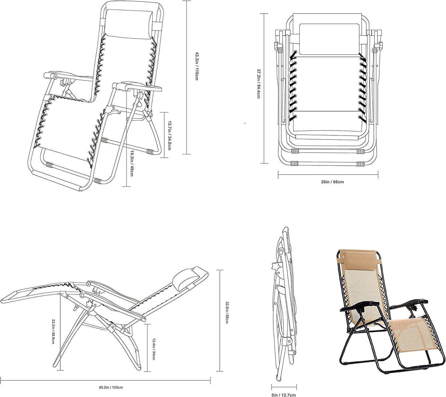 Outdoor Textilene Adjustable Zero Gravity Folding Reclining Lounge Chair with Pillow, Beige