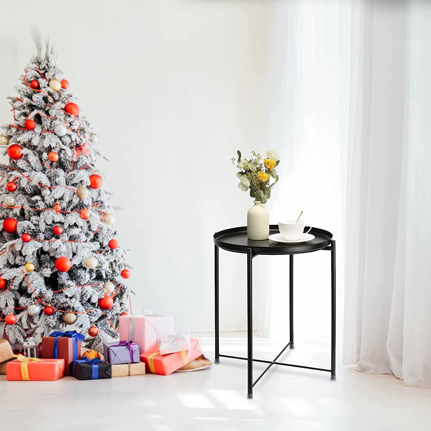 Side Table round Metal, Outdoor Side Table Small Sofa End Table Indoor Accent Table round Metal Coffee Table Waterproof Removable Tray Table for Living Room Bedroom Balcony Office Black
