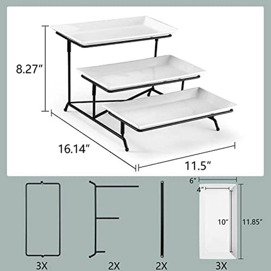 3 Tier Serving Tray Set 12 Inch Porcelain Tiered Serving Trays Platters, Collapsible Sturdier Stand with Stable Cross Bars, Three Layer Serving for Party Entertaining Food Display Fruit Dessert