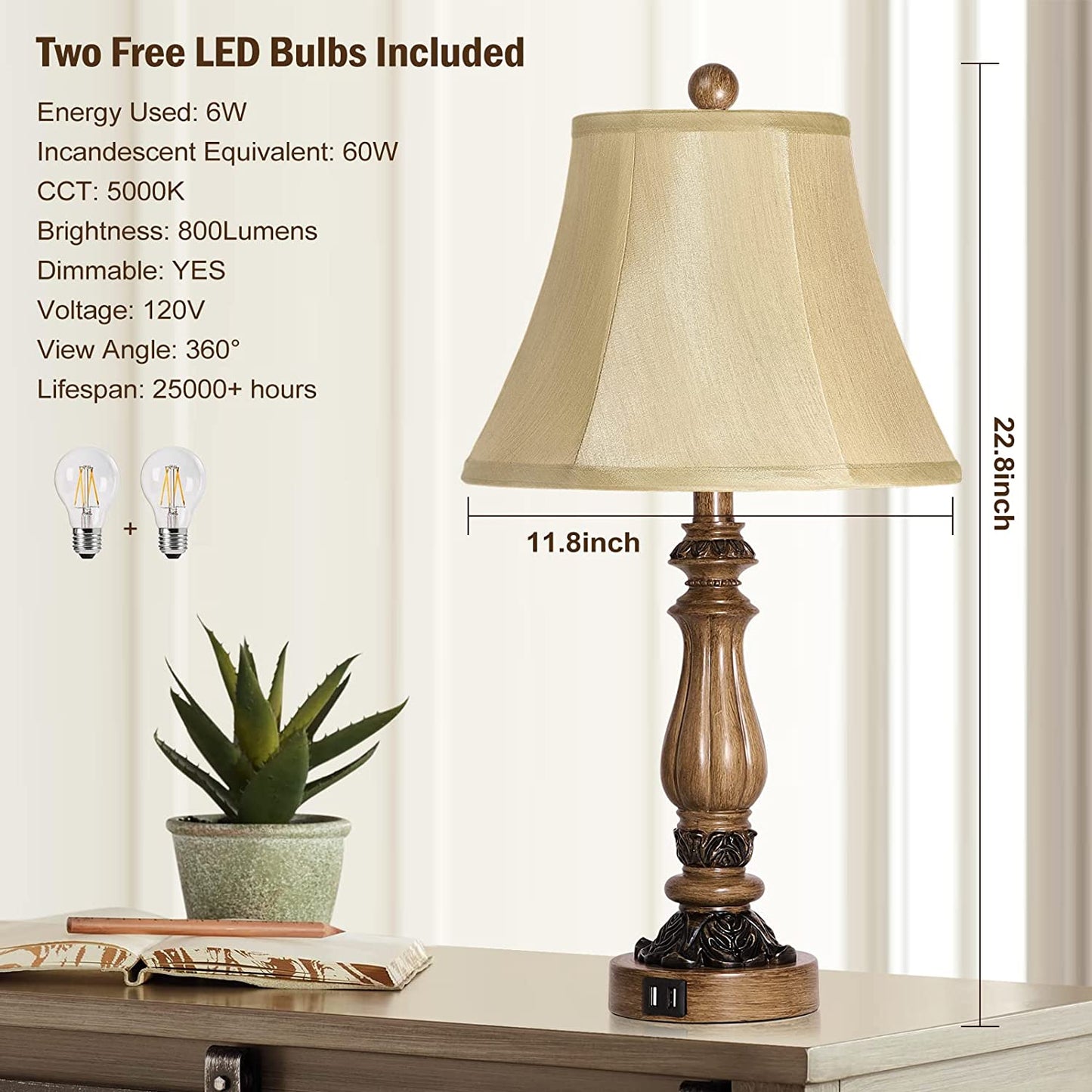 Set of 2 Farmhouse Table Lamp with USB Ports, 3-Way Dimmable Touch Control Lamps, Traditional Rustic Bedside Lamps with Outlet, Bedroom Bedside Lamps Nightstand Lamps for Living Room, Bulbs Included