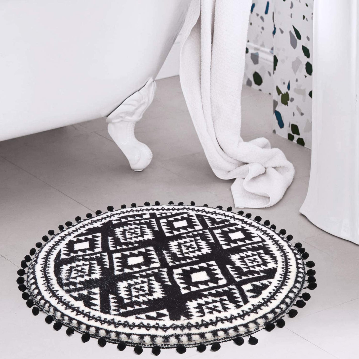 round Area Rugs 2Ft with Pom Pom Ball Fringe Black and Beige Soft Velvet Small Throw Rugs Non-Slip Boho Geometric Floor Carpet for Bedroom Living Room Bathroom Home Decor