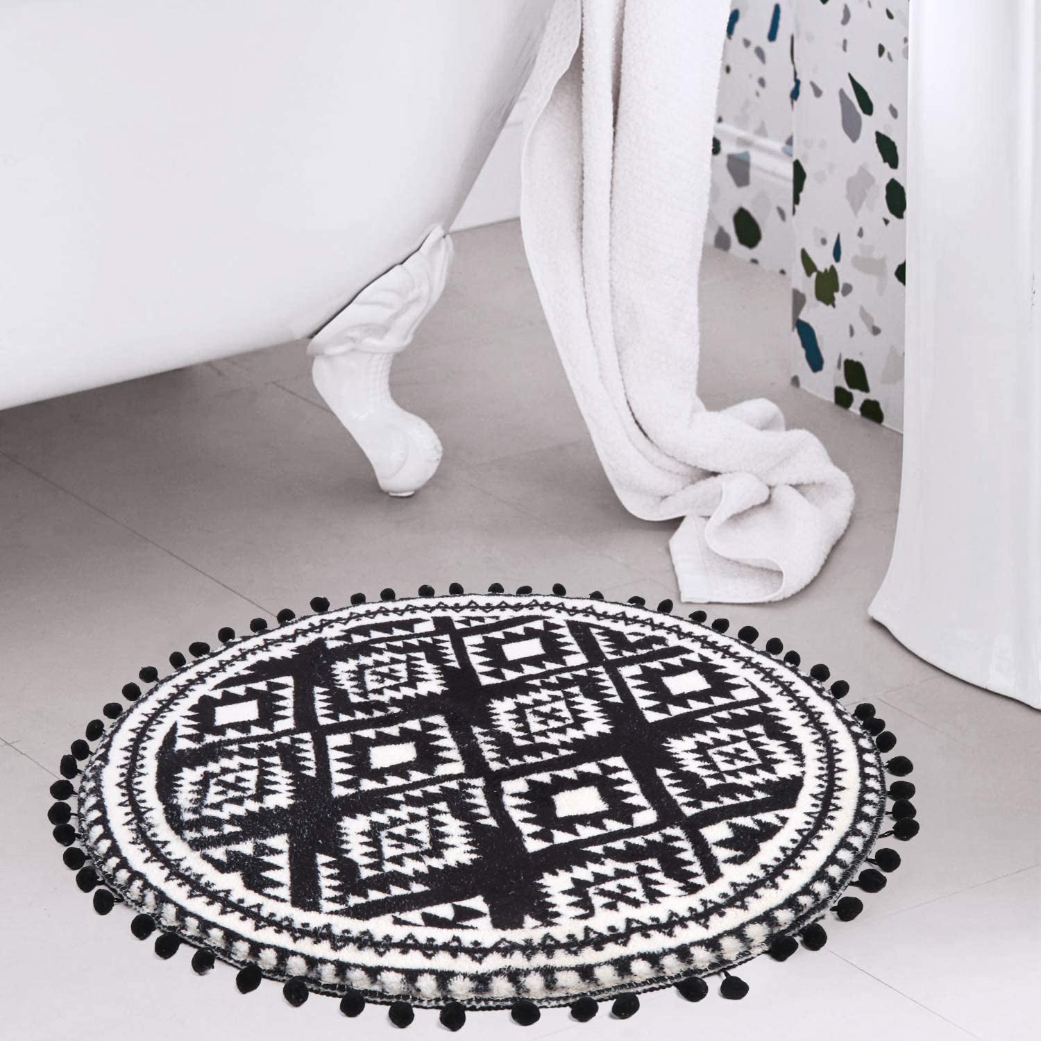 round Area Rugs 2Ft with Pom Pom Ball Fringe Black and Beige Soft Velvet Small Throw Rugs Non-Slip Boho Geometric Floor Carpet for Bedroom Living Room Bathroom Home Decor