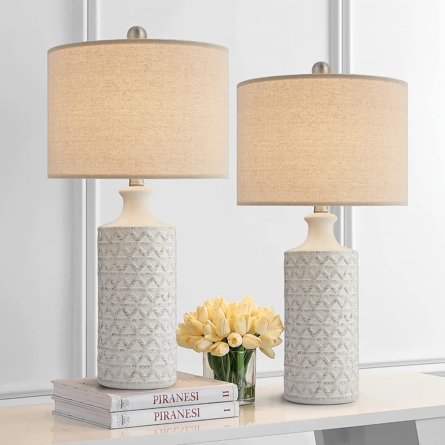 Pokat 24.75’’ Modern Contemporary Ceramic Table Lamp Set of 2 for Living Room White Desk Decor Lamps for Bedroom Study Room Office Farmhouse Bedside Nightstand Lamp End Table Lamps