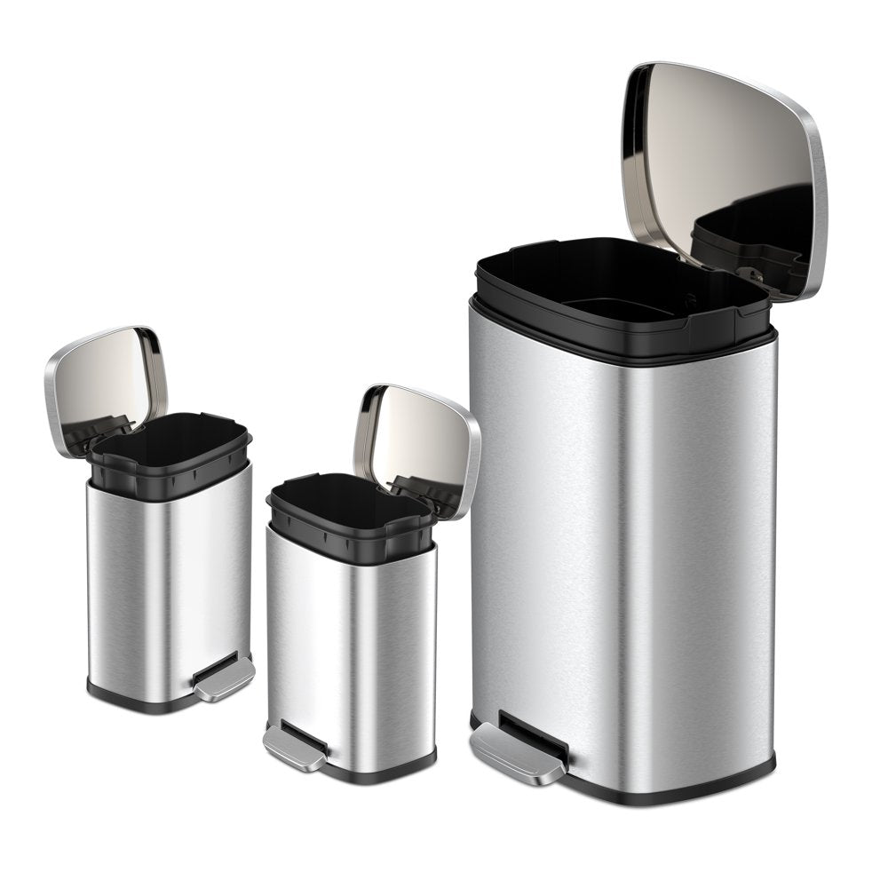 Qualiazero Rectangular Step Garbage Can 3 Piece Combo, 13.2 Gal , Two 1.3 Gal, Stainless Steel