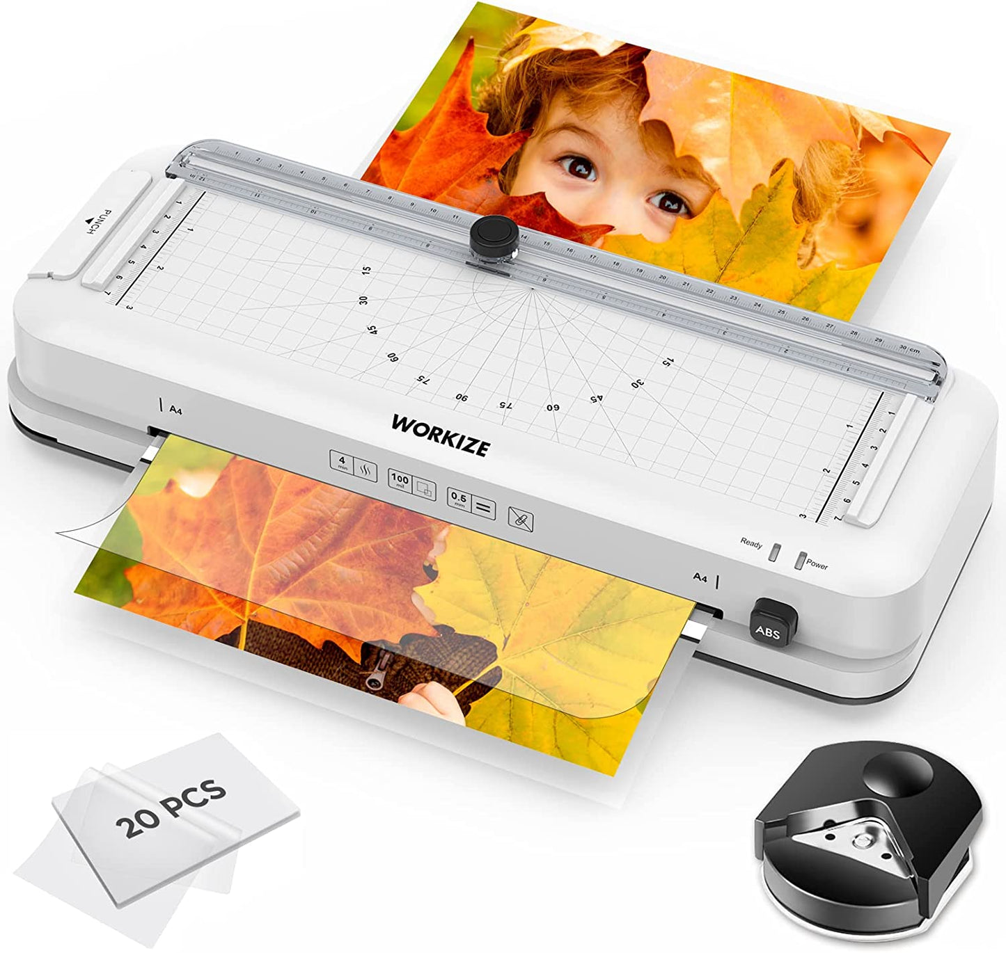 Laminator Machine with Laminating Sheets 20 Pouches,  9-Inch Thermal Laminator, Personal 5-In-1 A4 Desktop Laminating Machine Built-In Paper Trimmer Hole Puncher and Corner Rounder