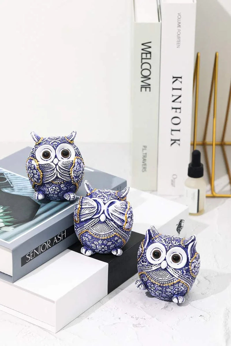 Owl Figurine with See No Evil,Hear No Evil,Speak No Evil,Adorable Decoration for Home Office Set of 3,Purple