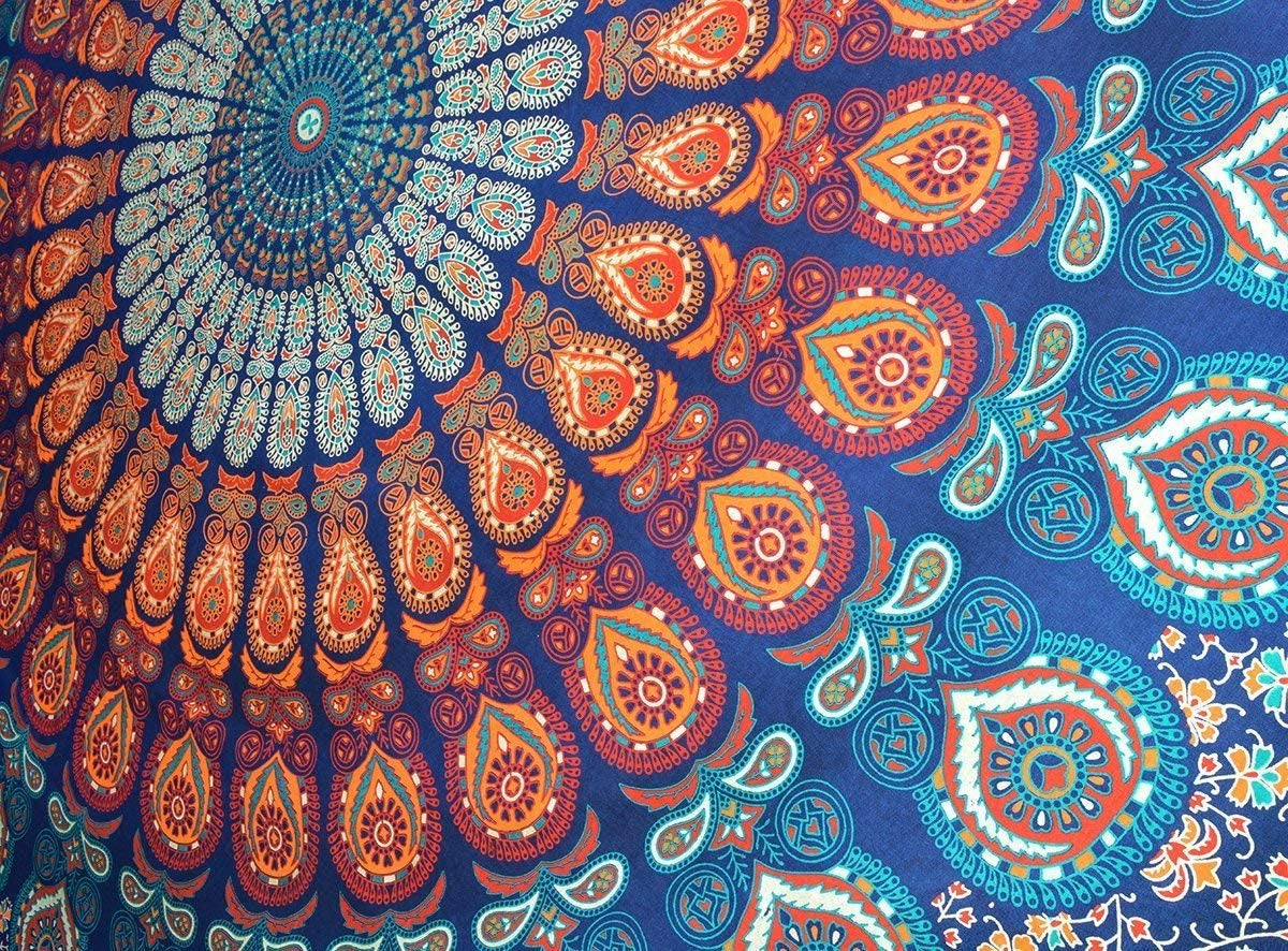 Indian Hippie Bohemian Psychedelic Golden Blue Peacock Mandala Wall Hanging Bedding Tapestry (Golden Blue, Queen (84X90Inches)(215X230Cms))