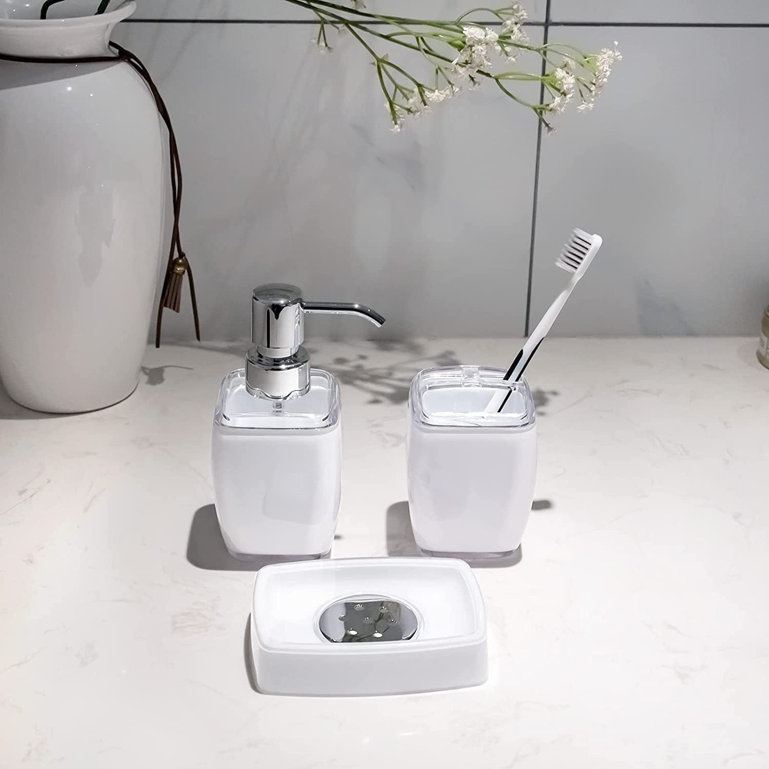 6 Pack White Acrylic Bathroom Accessories Set, Premium Acrylic Bathroom Set, White Toothbrush Holder Set