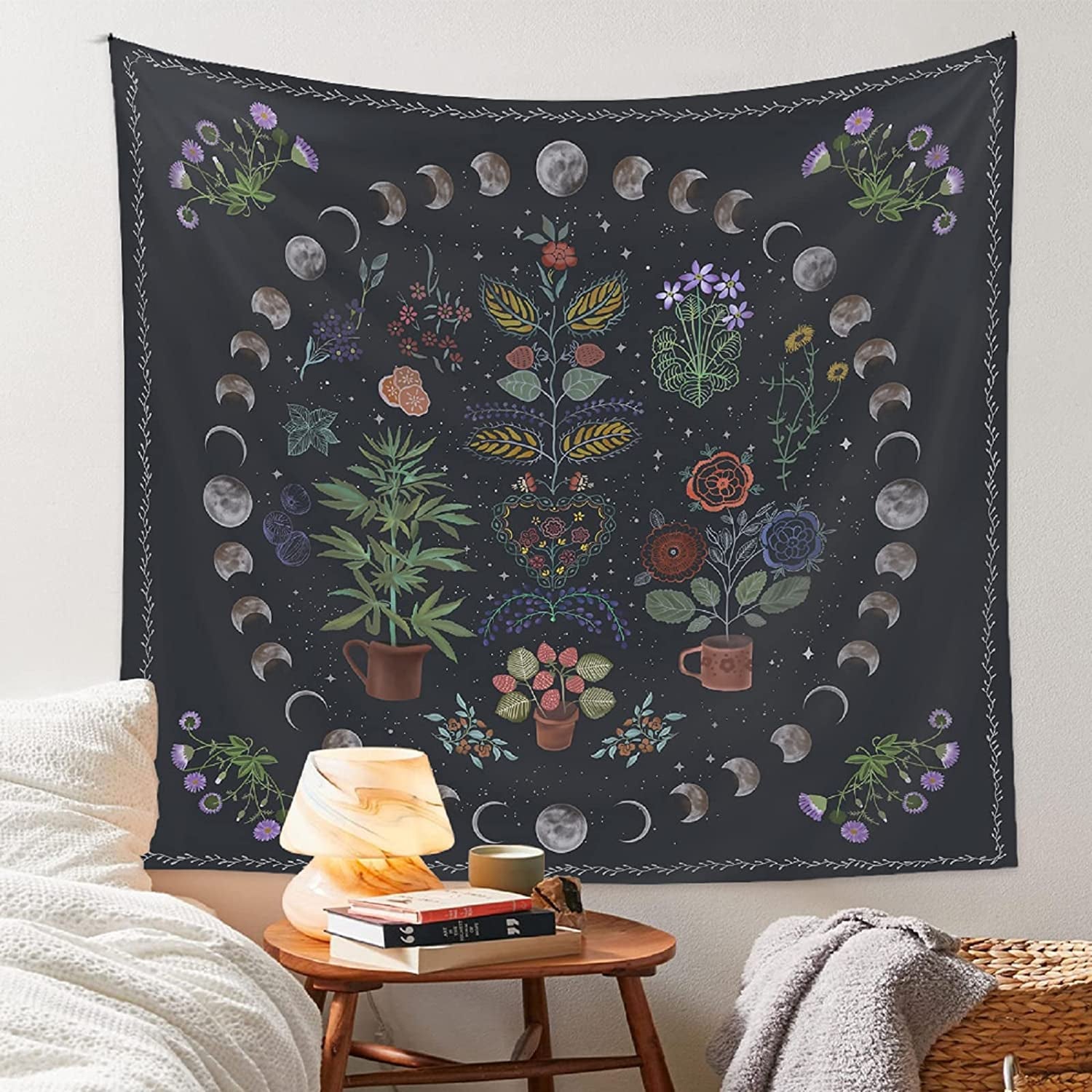 Plant Tapestry, Nature Moon Phase Tapestry Wall Hanging, Bohemian Mandala Tapestry Aesthetic Bedroom Decor, Botanical Tapestries Suitable for Bedroom Home Dorm---50" X 60"