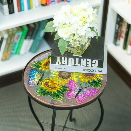 Mosaic Side Table Outdoor for Patio, Indoor Accent Table Coffee Table for Bistro, Plant End Table Small, Sunflower Round Glass Plant Table Stands