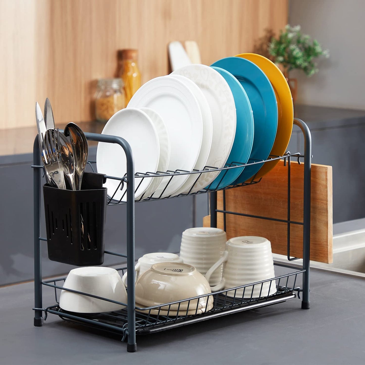Dish Rack, 2 Tier Dish Drying Rack Kitchen Organizer with Drain Board, Utensil Holder, Cutting Board Holder, Gray