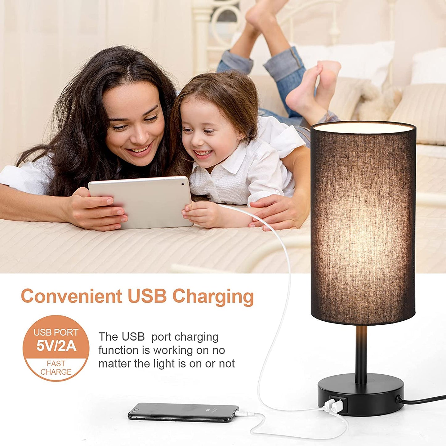 Bedside Lamp with USB Port - Touch Control Table Lamp for Bedroom 3 Way Dimmable Nightstand Lamp with round Black Fabric Shade for Living Room, Dorm, Home Office (LED Bulb Included)
