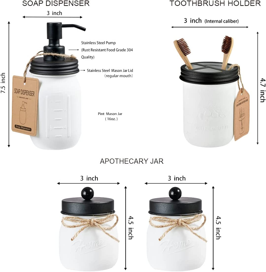 Mason Jar Bathroom Accessories Set (4 Pack)—White Retro Mason Jar Lotion Soap Dispenser & 2 Apothecary Jars & Toothbrush Holder- Rustic Farmhouse Restroom, Bathroom Decor Countertop Organizer (Black)