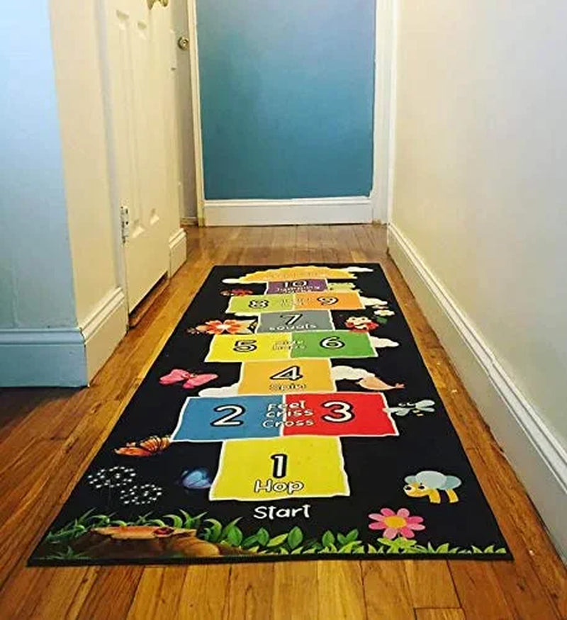 Hopscotch Rug - Kids Rug - Playroom Rug for Kids Room, Daycare, Nursery - Cute Indoor or Outdoor Play Carpet for Children - Fun, Educational Games for Boys & Girls (Black)