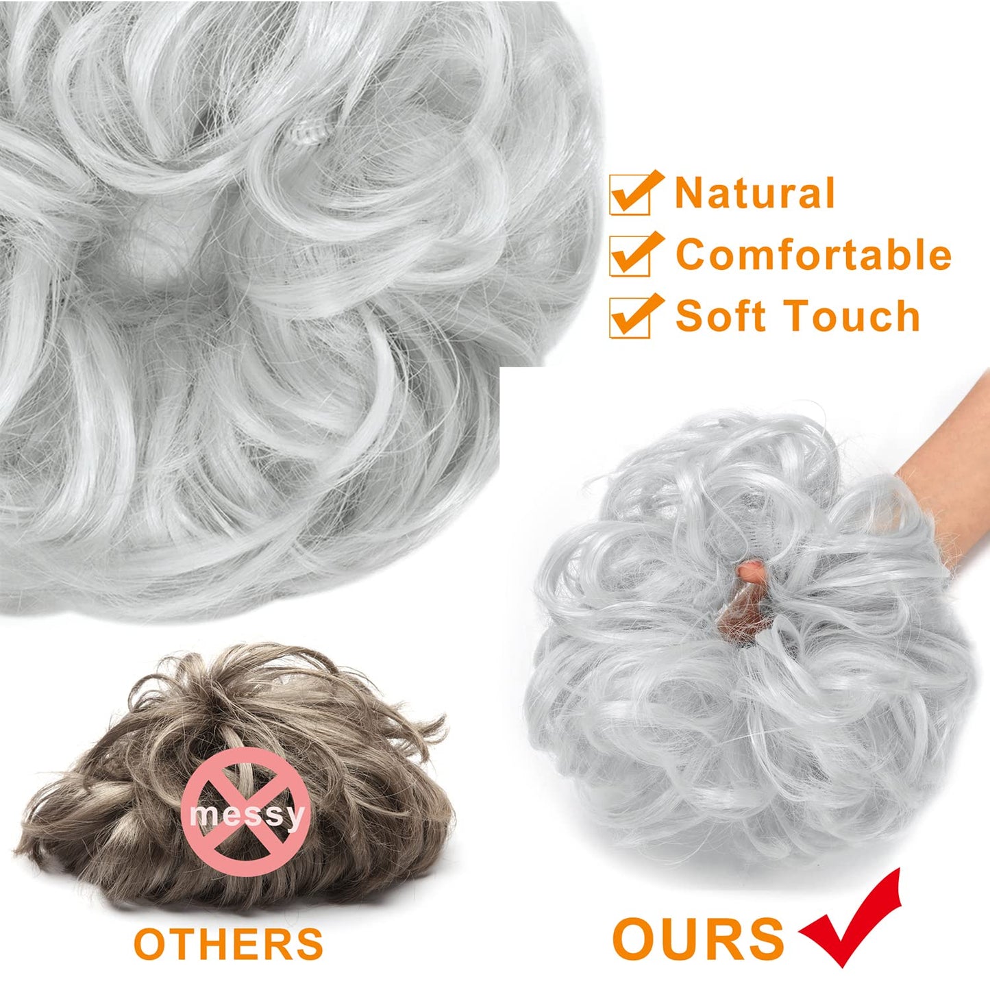 Messy Hair Bun Hair Scrunchies Extension Curly Wavy Messy Synthetic Chignon for Women Updo Hairpiece 1PCS Silver