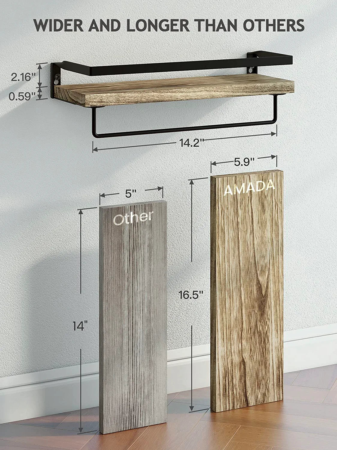 Floating Shelves, Bathroom Shelf with Towel Bar, Wall Shelves for Bathroom/Living Room/Kitchen/Bedroom, Light Brown Shelves Set of 2 - AMFS01