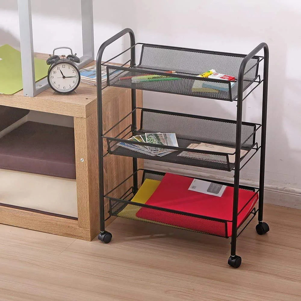3-Tier Rolling Utility Storage Rack Cart on Wheels, Trolley Craft Cart, Multi-Purpose Organizer Shelf, Black