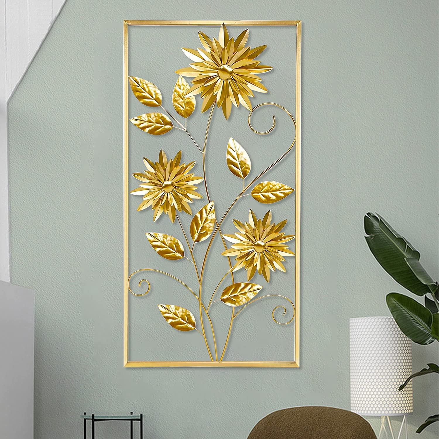 Gold Wall Sculptures, 39 Inch Golden Rectangular Metal Wall Decor with Frame, Gold Metal Flower Wall Art Sculpture for Living Room, Bedroom, Office, Study, Large (Golden-1 Pack)