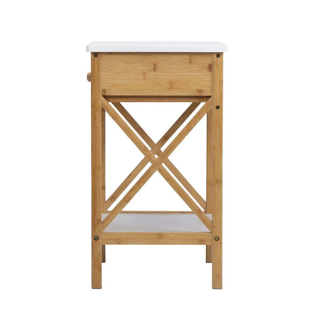 Nightstand with Drawer, End Table with Storage Shelf, Modern Side Sofa Table, Accent Bedside Table with X-Shape Frame for Living Room/Bedroom, White & Natural