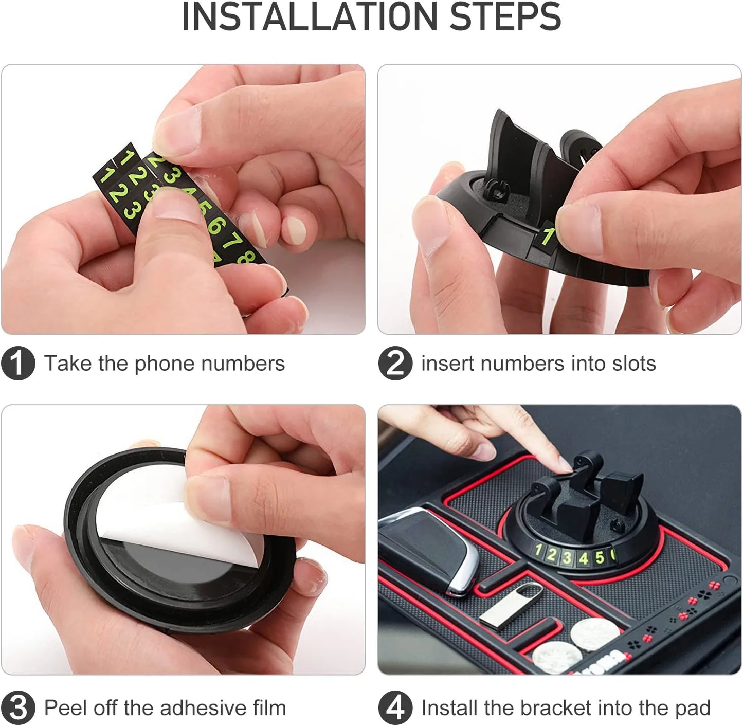 Non-Slip Phone Pad for 4-In-1 Car, Multifunctional Dashboard Anti-Slip Rubber Pad Mat，Universal 360°Rotation Car Phone Holder，With Replaceable Temporary Parking Card Number Plate and Aromatherapy