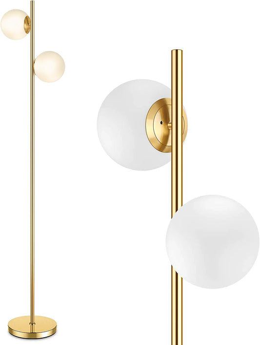 Mid Century Modern 2 Frosted Glass Globe Floor Lamp for Living Room,Contemporary LED Standing Light, Gold Corner Pole Lamp for Office Bedroom, Study Room, Hotel, Antique Brass Standing Lighting
