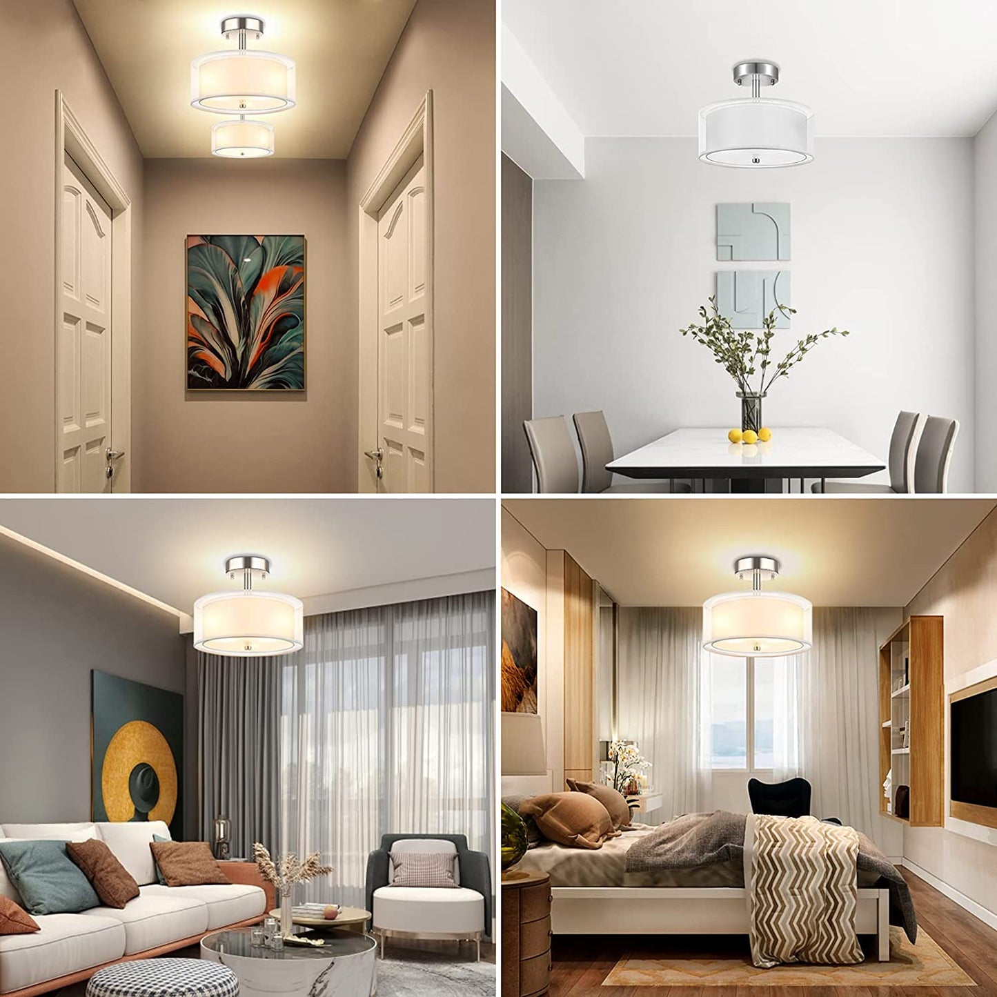 3-Light Semi Flush Mount Ceiling Light Fixture, Drum Light with Double Fabric Shade, Modern Close to Ceiling Lights for Living Room, Bedroom, Dining Room, Kitchen, Hallway, Entry, Foyer