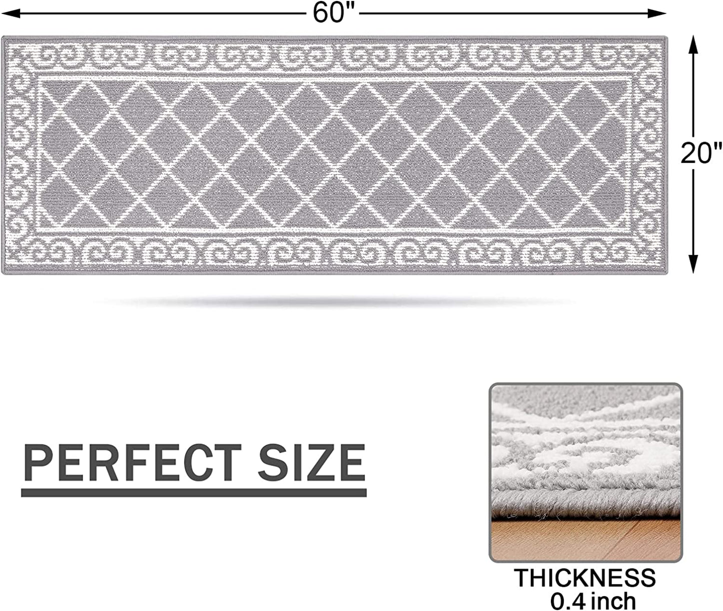 Moroccan Geometric Textured Runner Rug Kitchen Rugs with Non-Slip Backing Machine Washable Durable for Hallway Living Room Laundry (Grey, 20"X60")