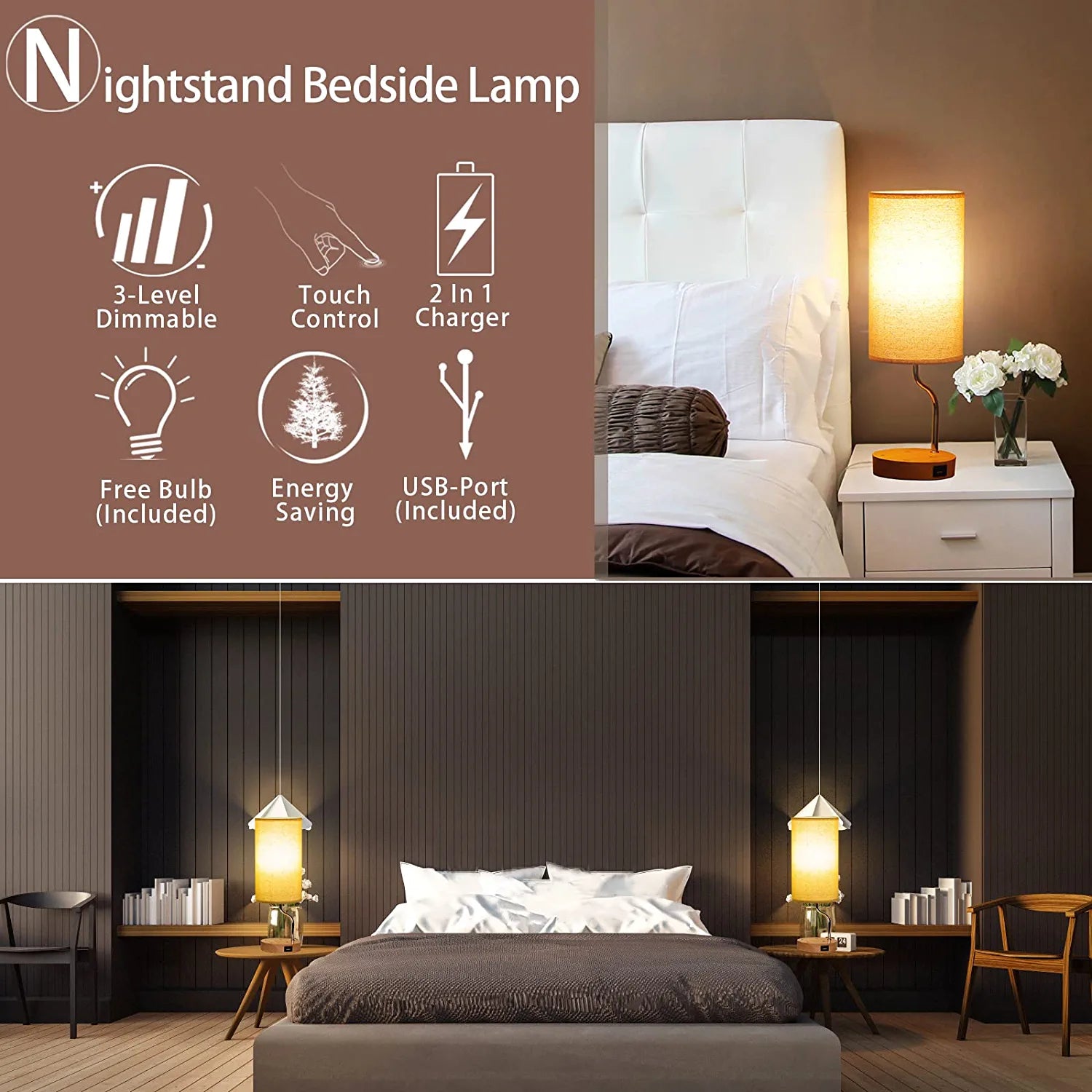 Bedside Lamp with Wireless Charger,Touch Control Night Lamp for Bedroom ,3-Way Dimmable Wooden Nightstand Lamps for Bed Side Table, Small Lamps with USB Charging Port,For Boy Girl Kid Room