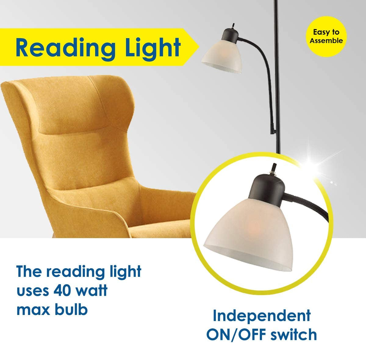 Adjustable Black Floor Lamp with Reading Light by LIGHTACCENTS - Susan Modern Standing Lamp for Living Room/Office Lamp 72" Tall - 150-Watt with Side Reading Light Corner Lamp (Black)