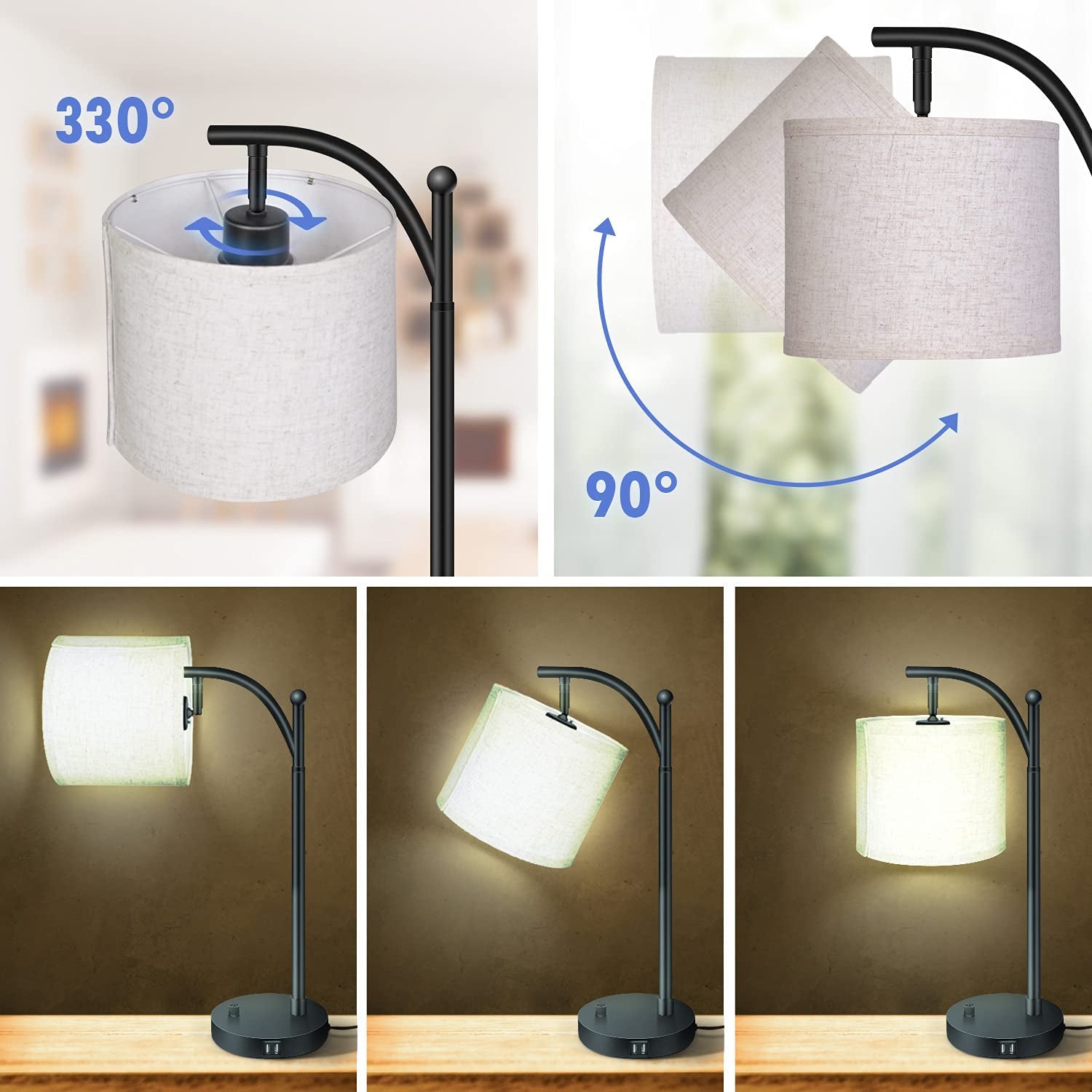 Bedside Lamp with USB Ports(Dual), Stepless Dimmable, Warm Light, Rotary Switch Control,  Eye-Caring Nightstand Lamp, Fabric Lampshade, Bulb Included,Side Table Lamp for Bedroom,Need Installation